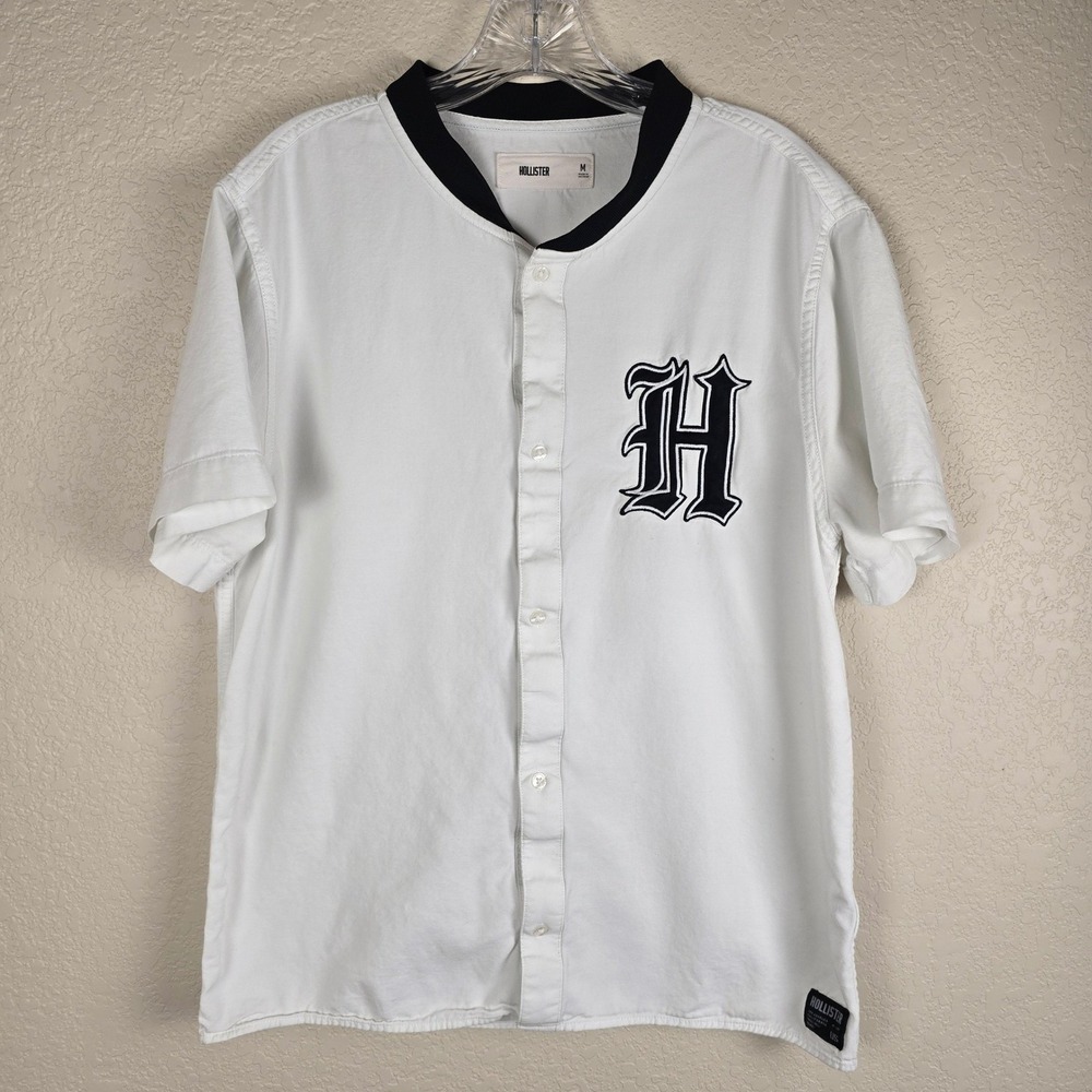 Hollister Men's White Baseball Jersey Style Button-Up - Size Medium
